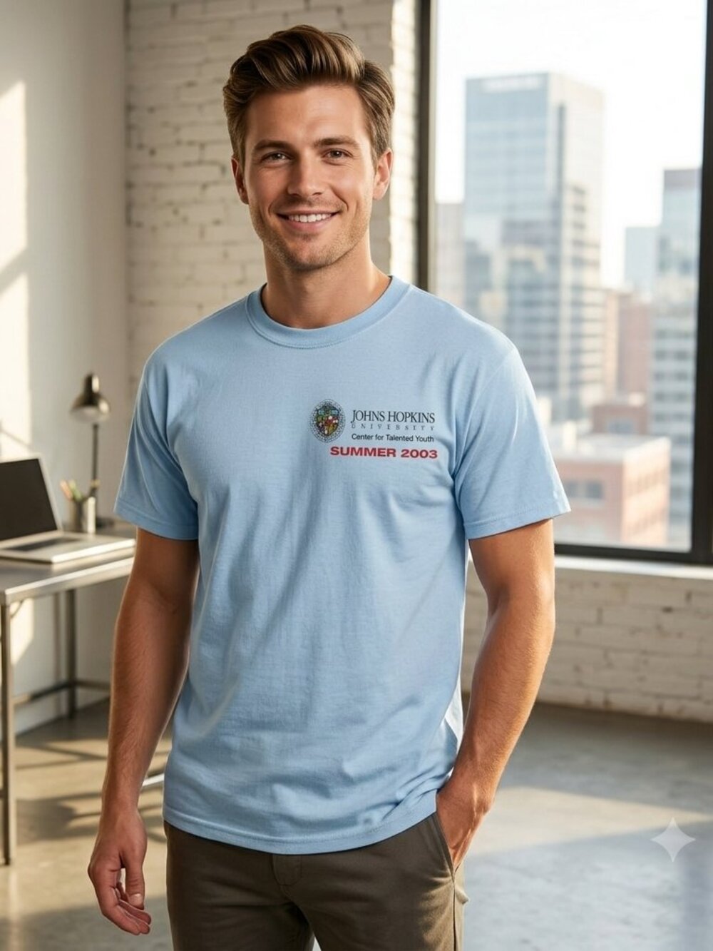 John Hopkins U. Unisex Adult M T-Shirt Logo 100% Heavyweight Cotton Blue Academy